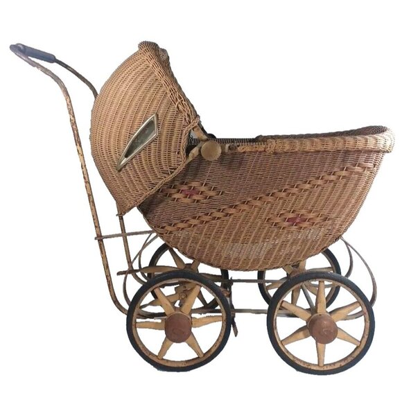 Vintage Victorian Baby Doll Stroller Antique Wicker Buggy Carriage w/ Windows - Picture 1 of 15